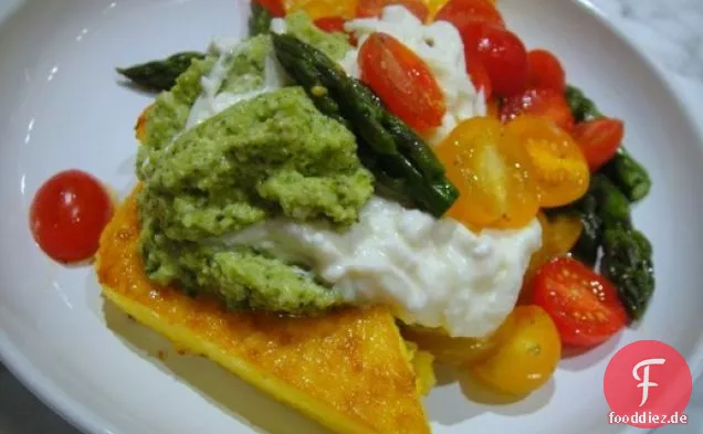 Cook the Book: Polenta Steaks mit Spargelpesto, Kirschtomaten und Burrata