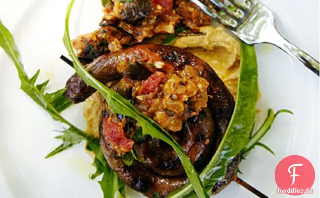 Merguez mit Kichererbsenpüree und Auberginenmarmelade