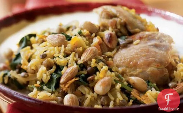 Huhn und Basmatireis Pilau mit Safran, Spinat und Kardamom