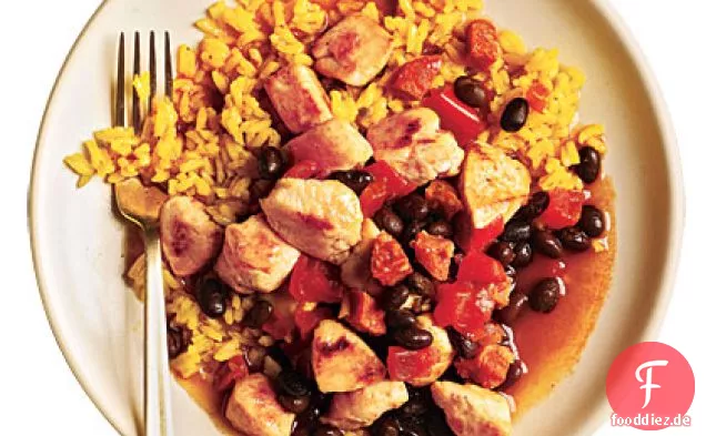 Reis und Bohnen mit Huhn und Chorizo
