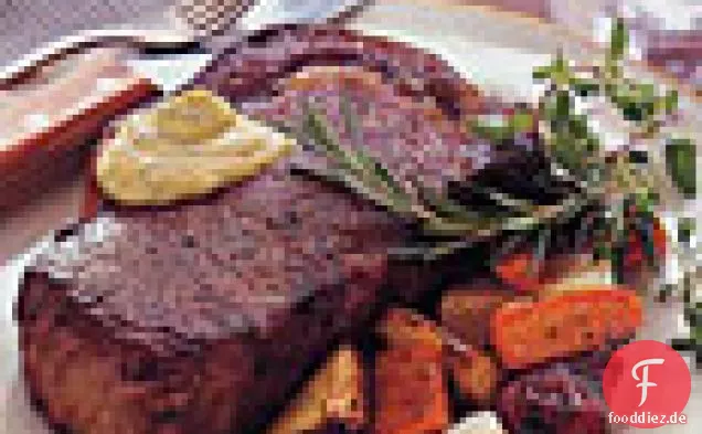 Gebratenes Rib-Eye-Steak mit Herbed-Senf-Sauce und Wurzel-Vegeta