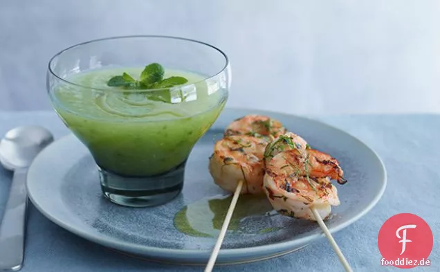 Feurige gegrillte Garnelen mit Honigtau Gazpacho