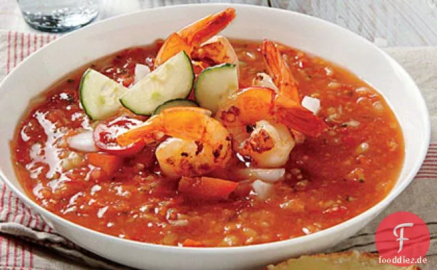 Gazpacho mit Zitronen-Knoblauch-Garnelen