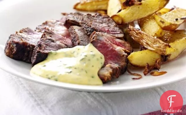 Rib-eye-steak mit basilikum-hollandaise