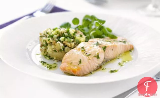 Confit von Lachs mit neuer Kartoffel & Krabben Crush & Dill Nieselregen
