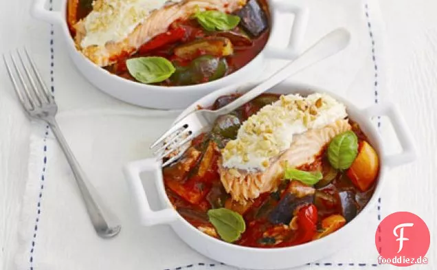 Cremiger Lachs mit klobiger Ratatouille