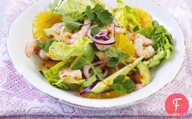 Garnelensalat mit Orange, roten Zwiebeln & Avocado