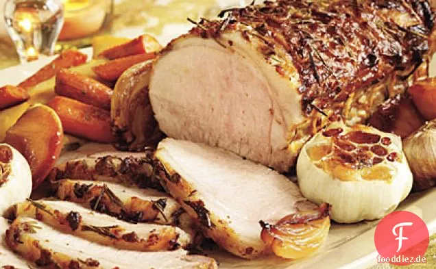 Rosmarin-Knoblauch Schweinefleisch mit geröstetem Gemüse & karamellisierten Äpfeln