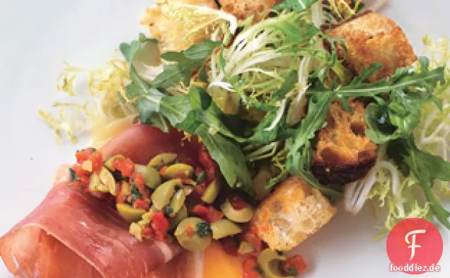 Eier mit Serrano-Schinken und Manchego-Käse, Green Olive Relish und Migas