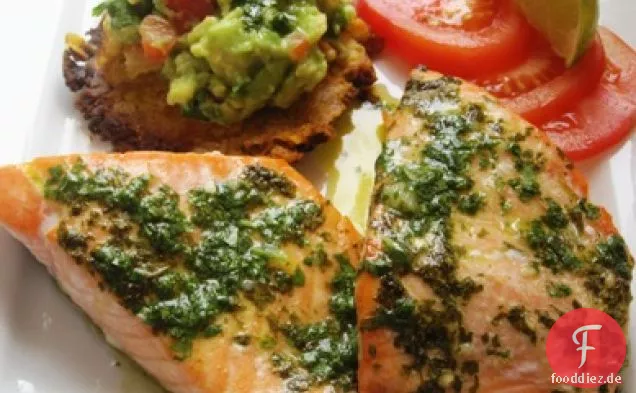 Gebackener Lachs mit Koriander-Knoblauchöl