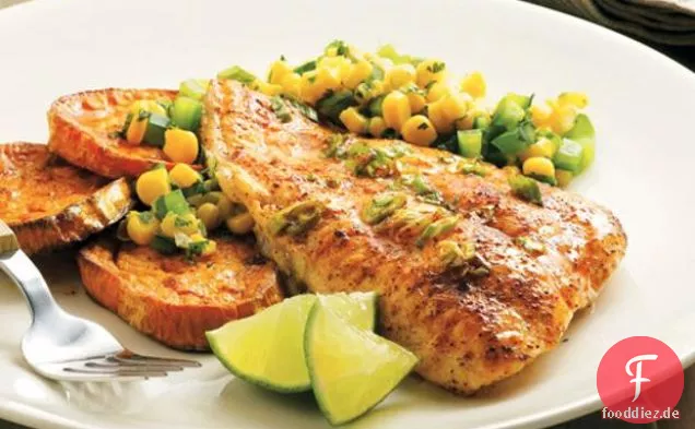 Gebratener Fisch mit Kreuzkümmel Süßkartoffeln