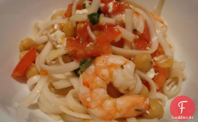 Spaghetti Mit Garnelen, Kichererbsen und Feta