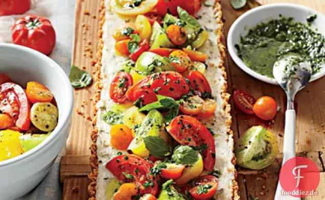 Tomaten-Ziegenkäse-Torte mit Zitronen-Basilikum-Vinaigrette