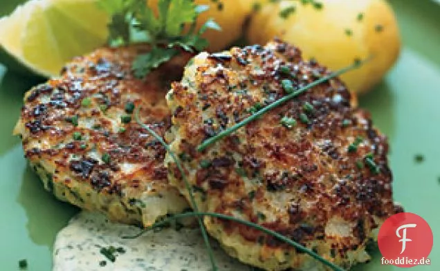 Jakobsmuschel-Kuchen mit Koriander-Limetten-Mayonnaise und Neuen Kartoffeln
