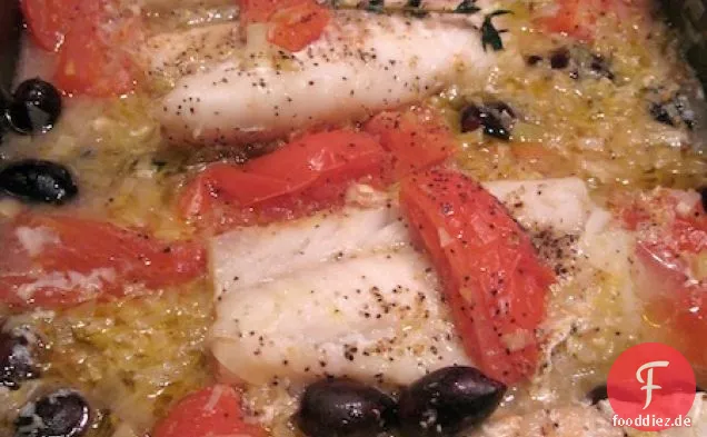 Kabeljau mit Lauch, Tomaten & Oliven