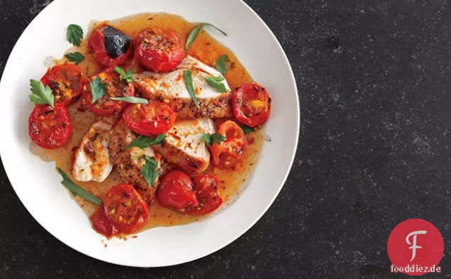 Huhn mit Kräuter-gerösteten Tomaten und Pfanne Sauce