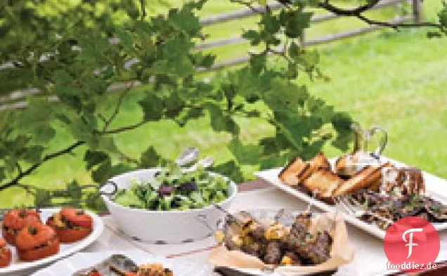 Gegrillte Auberginen mit Balsamico-Essig, Feta und gegrilltem Baguette
