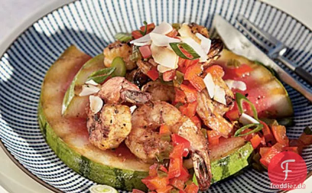 Gegrillte Wassermelone und Garnelen