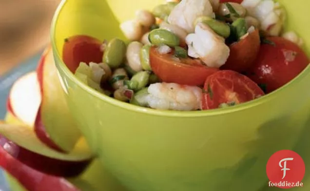 Edamame und Bohnensalat mit Garnelen und frischer Salsa