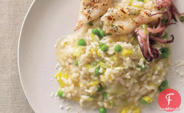 Lauch-Erbsen-Risotto mit gegrillten Calamari