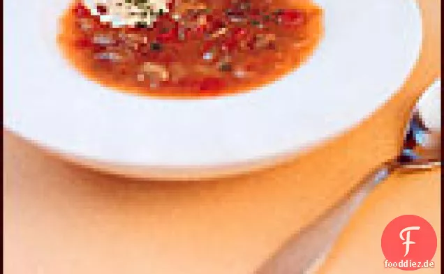 Garlicky Auberginen-Pfeffer-Suppe mit Minze