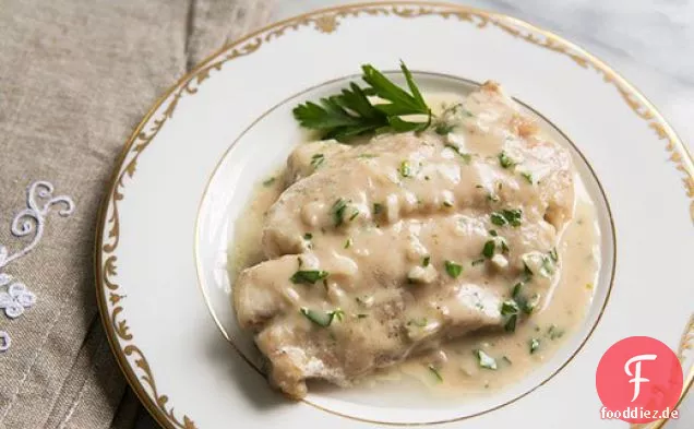 Gebackene Ling Kabeljau mit Zitronen-Knoblauch-Butter-Sauce