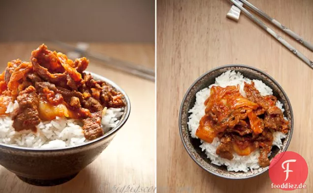 Rindfleisch und Kimchi unter Rühren braten