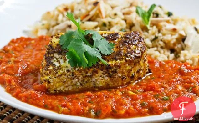 Garam Masala gerösteter Heilbutt in einer Tomaten-Curry-Sauce