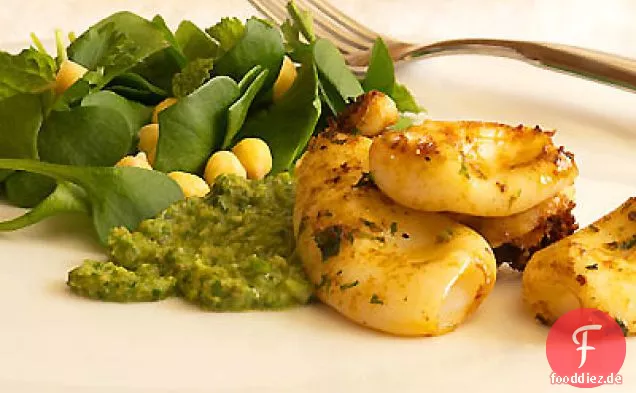 Gegrillter Tintenfisch mit Bergmannssalat Salat & Minze, Petersilie, Sardellenpesto