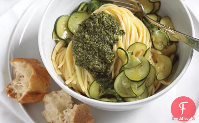 Basilikum-Pesto Pasta mit Zucchini und Minze