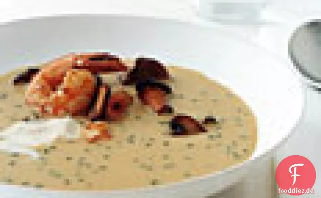 Sahne-Maissuppe von Cope mit Garnelen und Waldpilzen