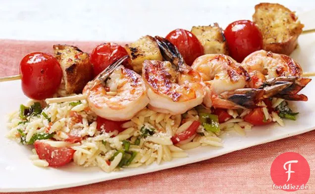Orzo-Pasta mit Garnelen Bruschetta