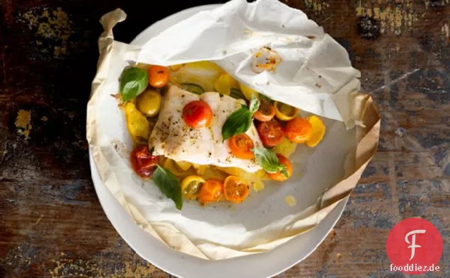 Fischfilets mit Tomaten, Kürbis und Basilikum