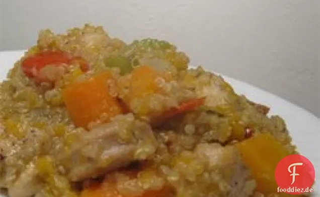 Gekochter Butternut-Kürbis und Hühnereintopf mit Quinoa
