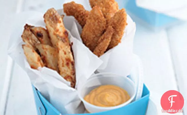 Ofengebratene Hähnchen-Tender und Pommes Frites