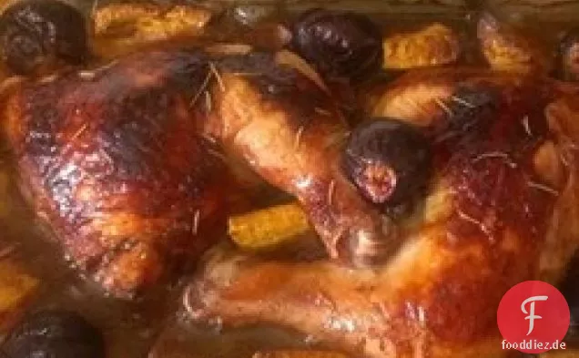 Brathähnchen mit Feige, Wegerich und roter Zwiebel