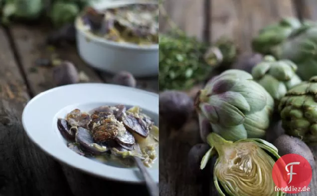 Lila Kartoffel-Artischocken-Gratin