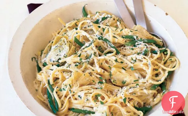 Linguine Avgolemono Mit Artischockenherzen und grünen Bohnen