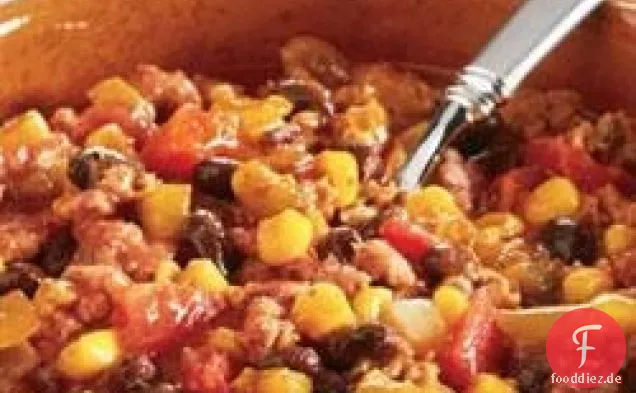 Schwarze Bohnen, Mais und Truthahn Chili