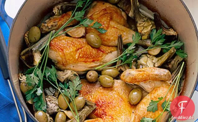 Hühnerhälften mit Artischocken und Knoblauch