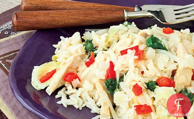 Zitroniges Hühnchen und Jasminreis mit Spinat und Artischocken