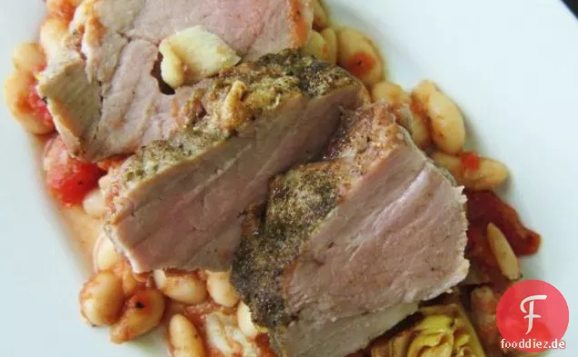 Salbei gebratenes Schweinefilet mit Bohnen & Artischocken