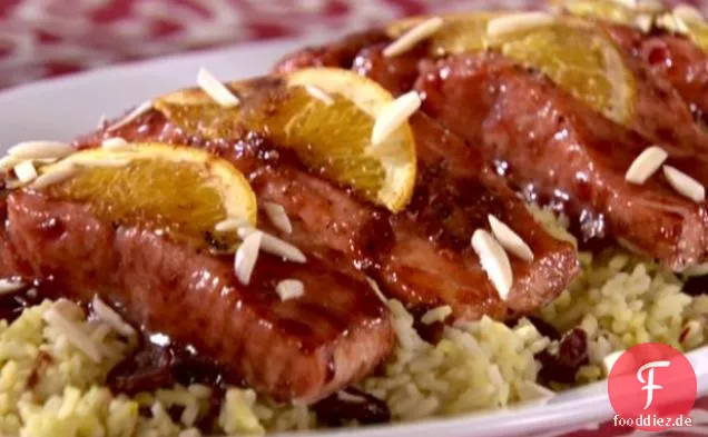 Glasierter Lachs mit getrocknetem Kirsch-Safran-Reis