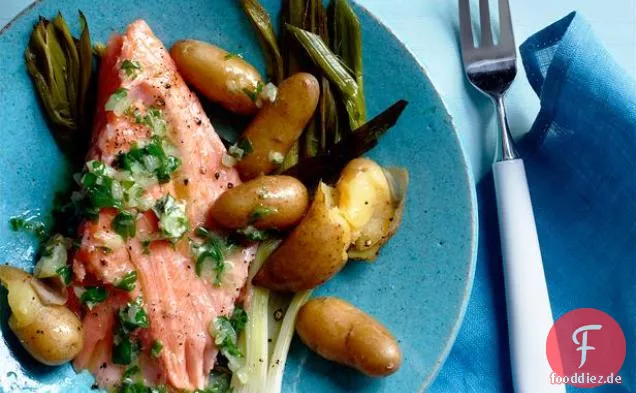 Langsam gebratener Lachs mit Kartoffeln