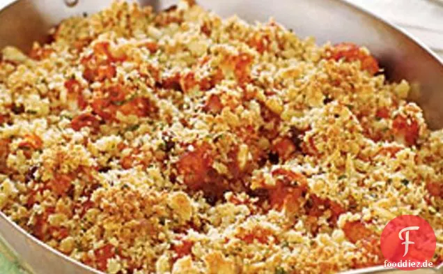 Gratin aus sautiertem Blumenkohl, Tomaten, Pinienkernen & Safran