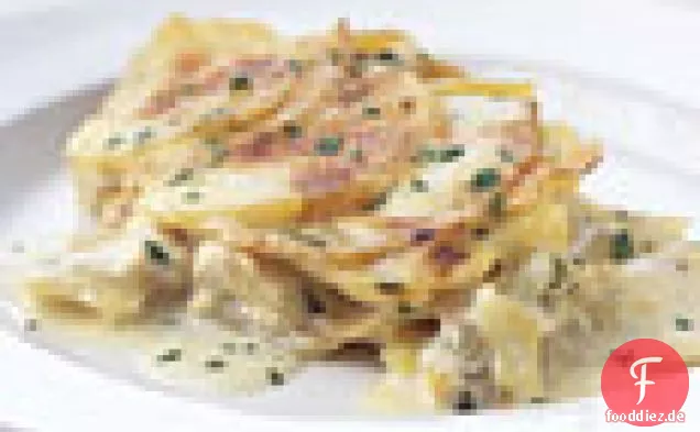 Kartoffel-Sellerie-Wurzelgratin mit geräuchertem Schellfisch