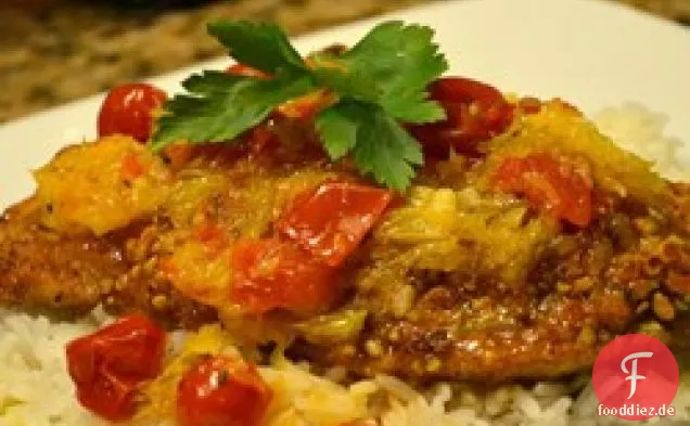 Mandelkruste Huhn mit Tomaten-Zitrus-Sauce