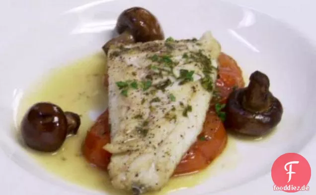 Branzino mit gerösteten Tomaten, Olivenöl Pochierte Pilze