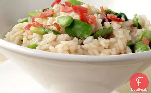 Fava Bohnen Risotto mit frischem Mozzarella und Schinken