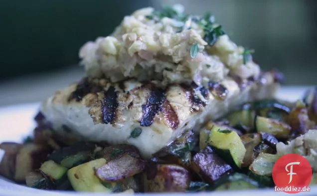 Gegrillter Heilbutt mit Fenchel & grüner Oliven-Tapenade
